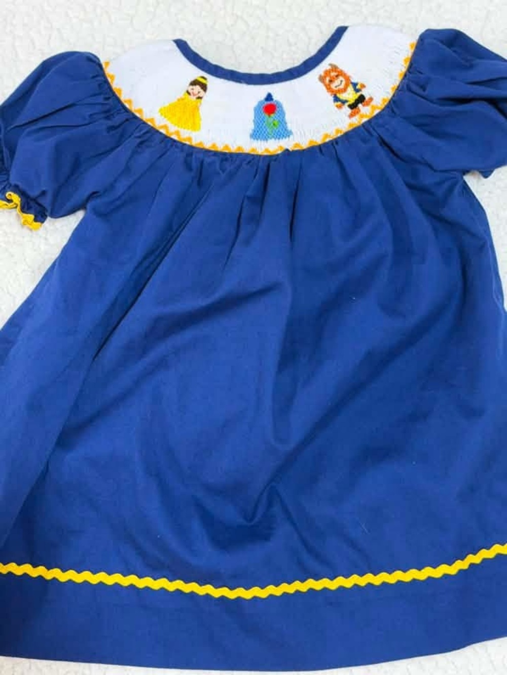 Beauty and the Beast Blue Smocked Dress with Yellow Ric Rac